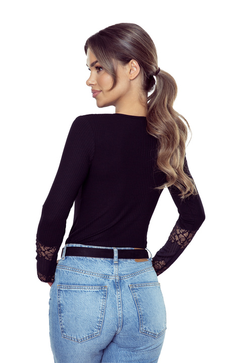 Jesenia Black Ribbed Button-Up Blouse with Lace 1