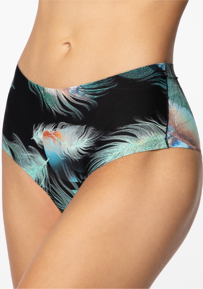 High-Waist Brazilian Printed Briefs Emerald Feathers