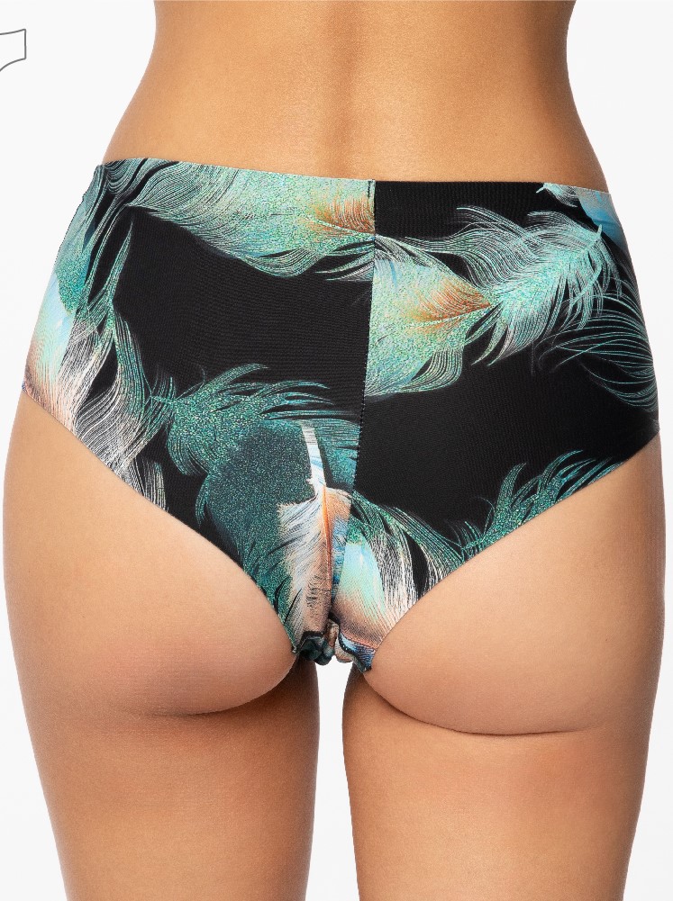 High-Waist Brazilian Printed Briefs Emerald Feathers