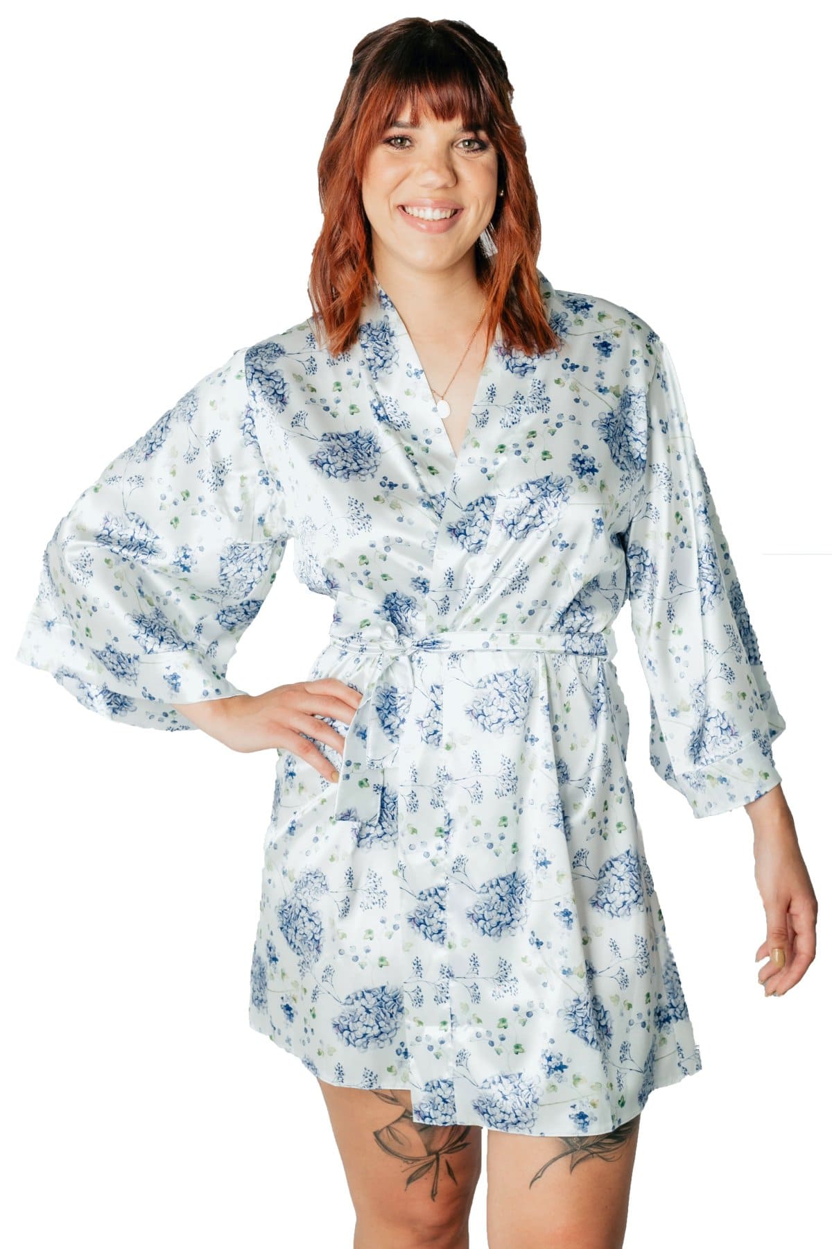 Hydrangea Satin Robe with Kimono Style Sleeves