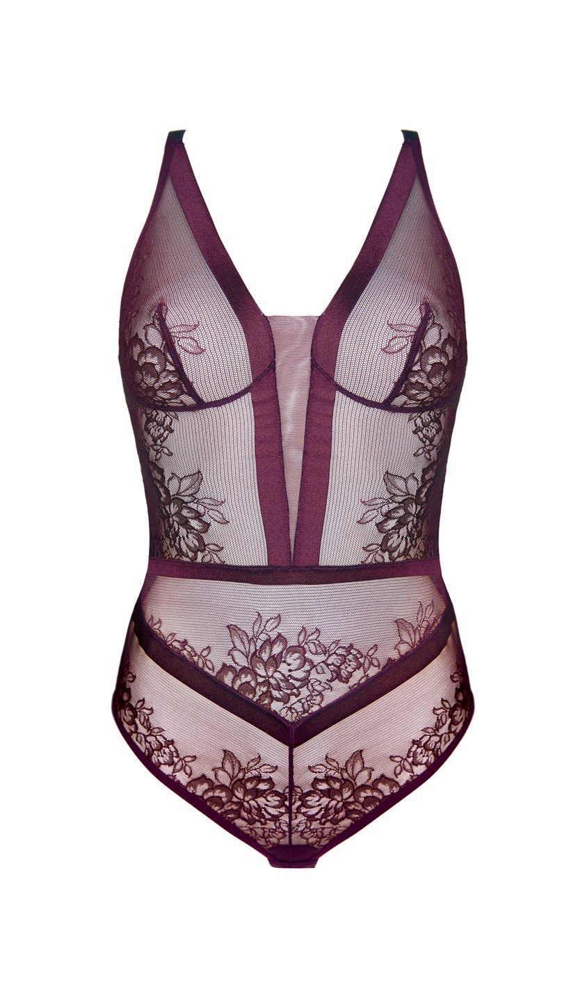 Non wired bodysuit with tattoo effect Porto Plum