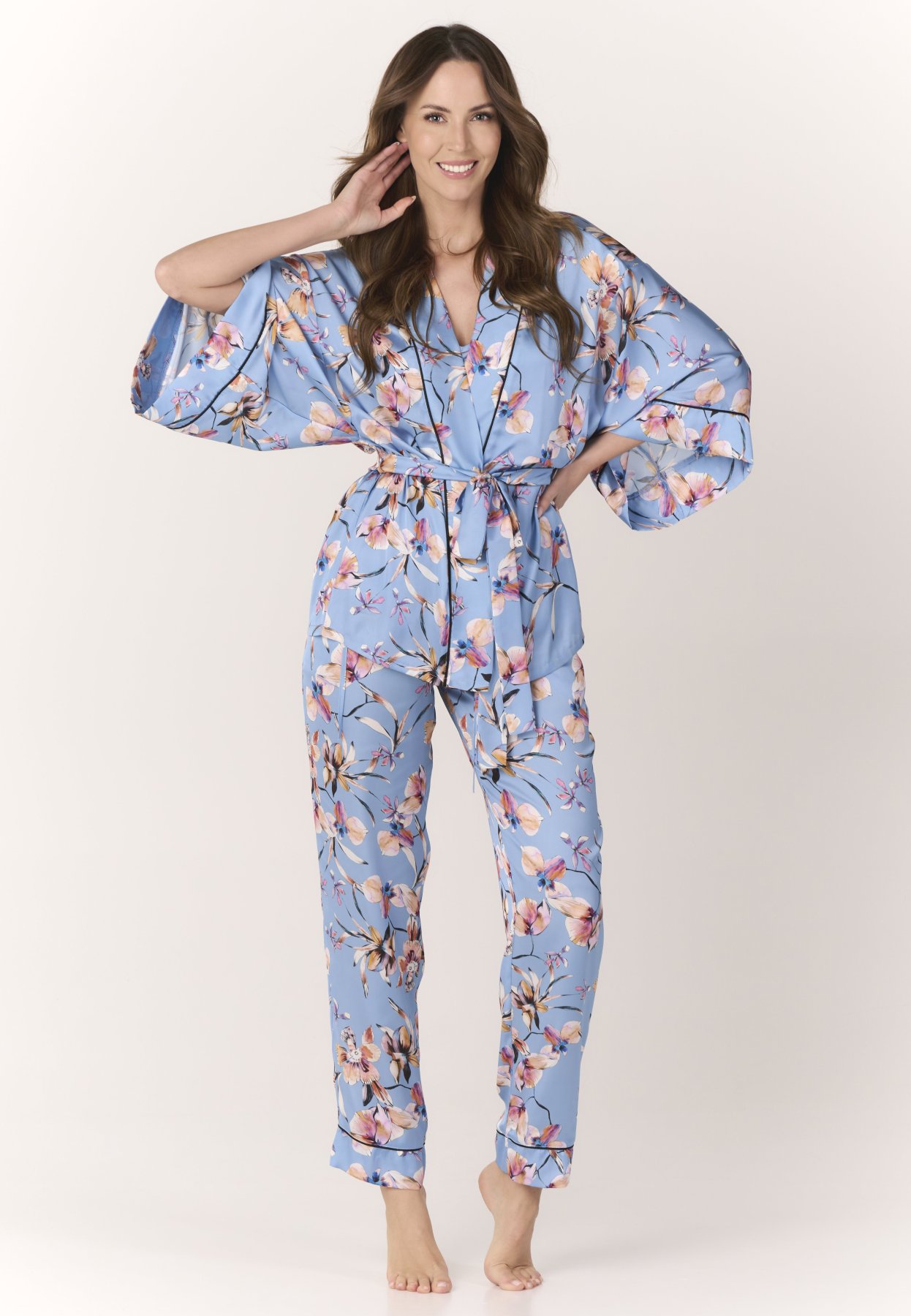 Satin Pants with Floral Print Baby Miami Blue 1