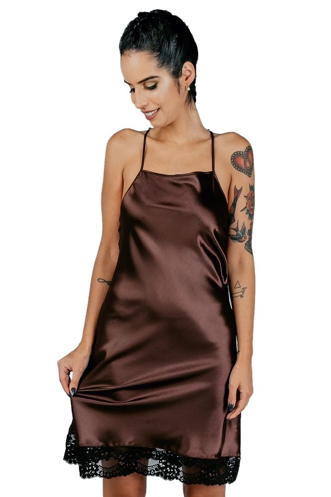 Camisón Satinado con Encaje Kate Marrón