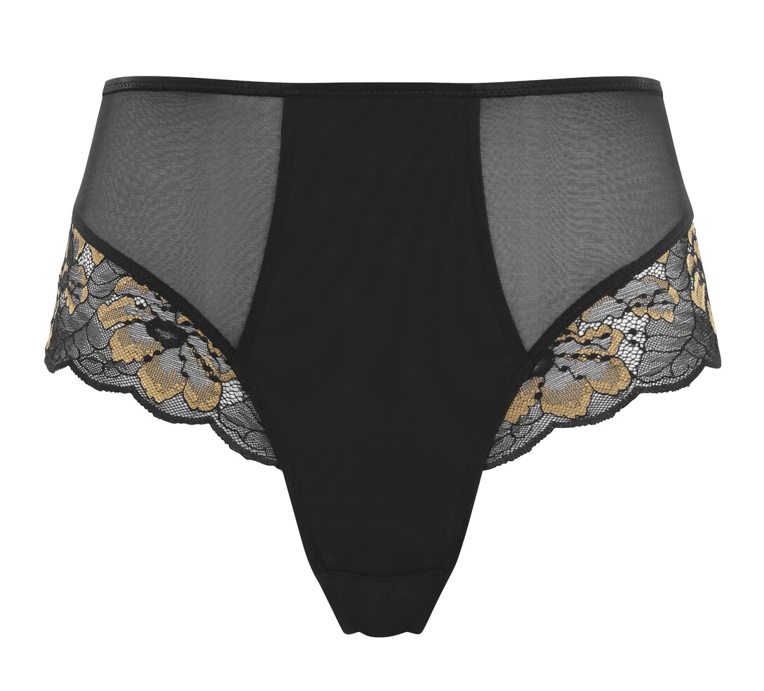 Braguita Brasileña de Cintura Alta con Encaje Floral Sabrina Noir/Vintage Gold