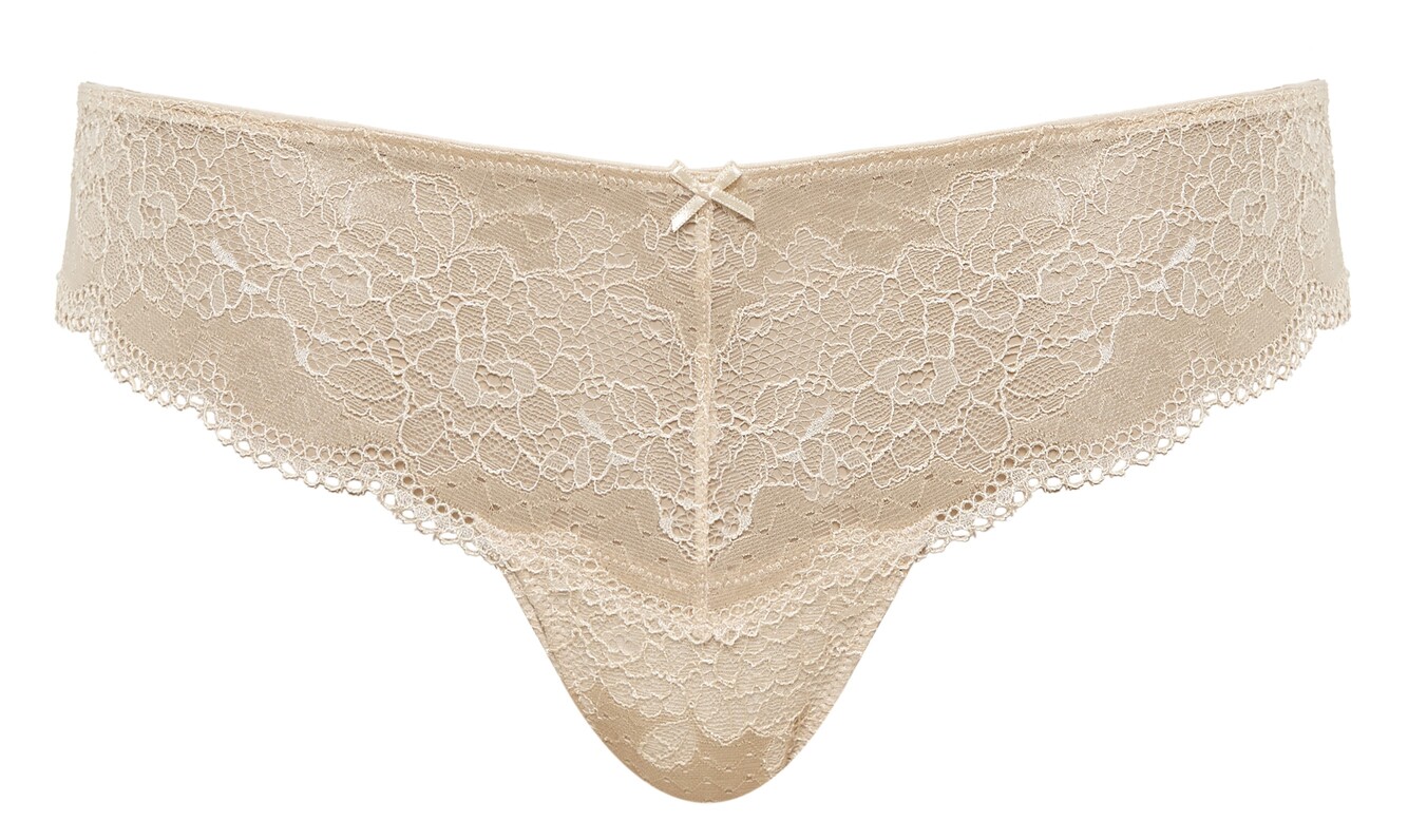 Cueca Tanga Rendada Clara Bege