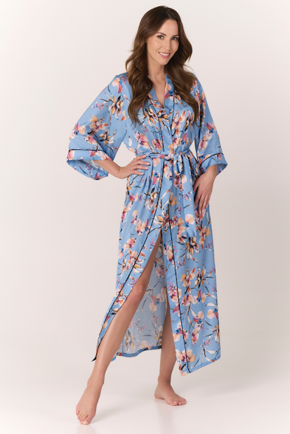 Long Satin Kimono with Floral Print Dream Miami Blue