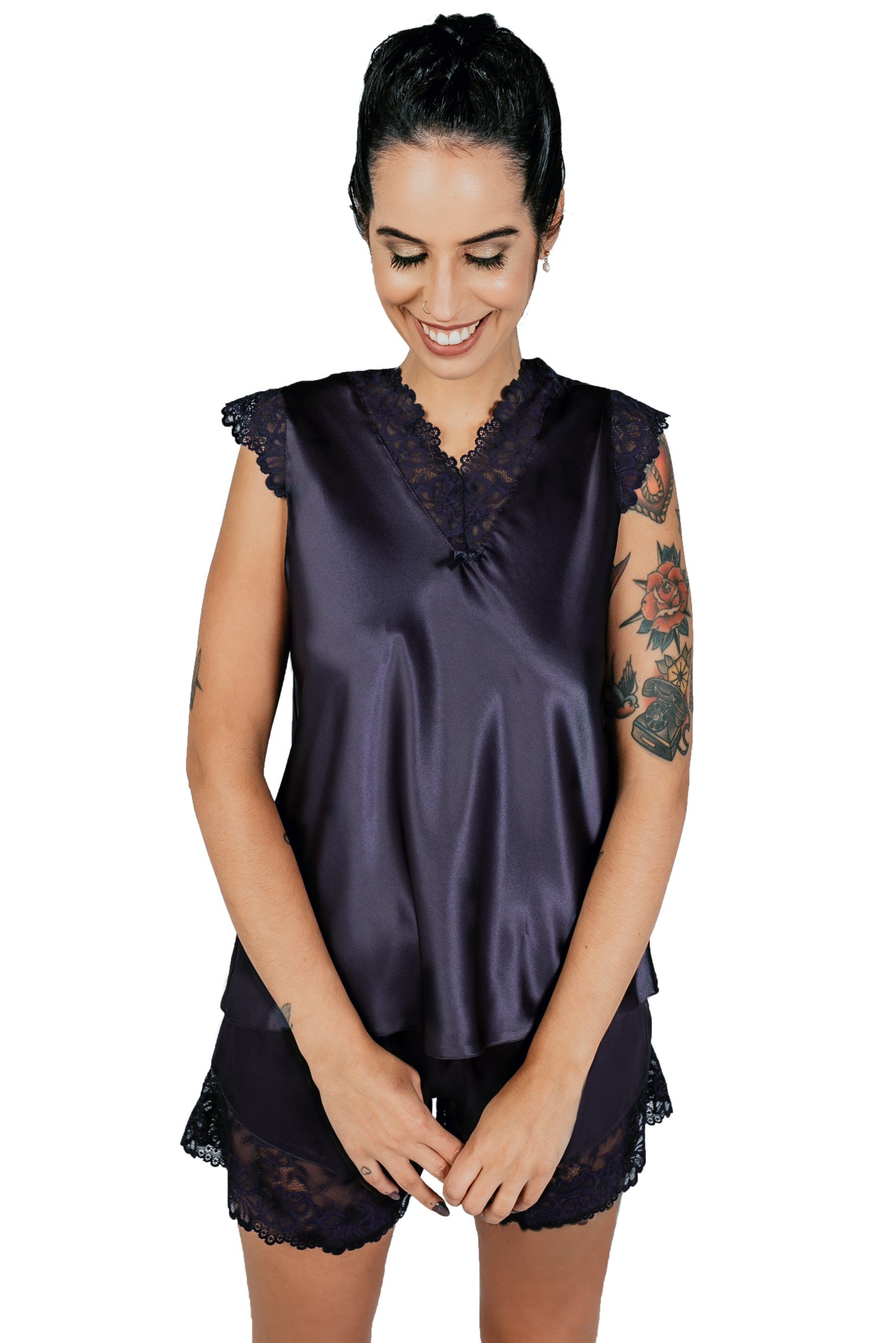 Satin Short Sleeve Pyjama With Lace Skaylor