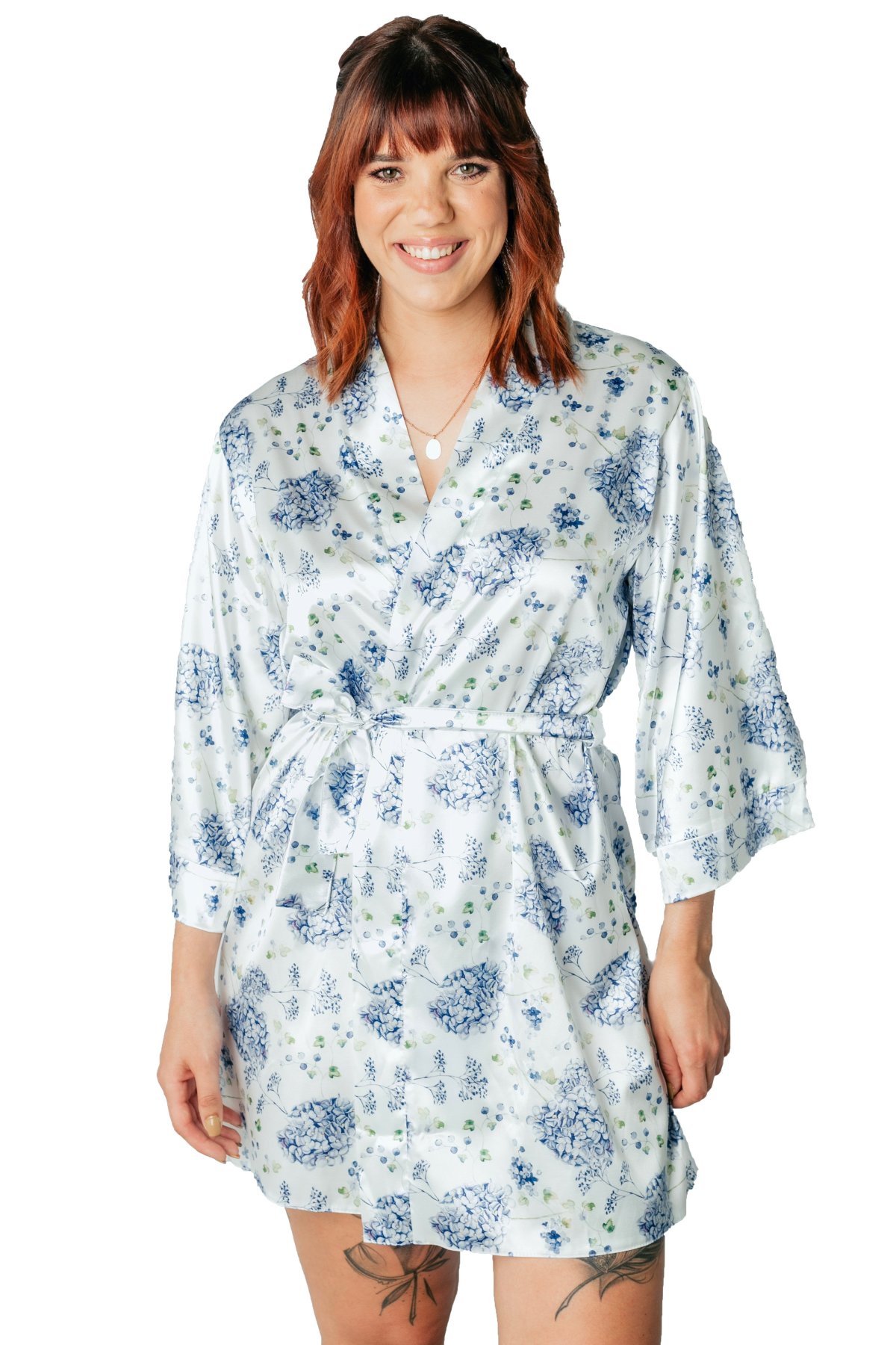 Hydrangea Satin Robe with Kimono Style Sleeves