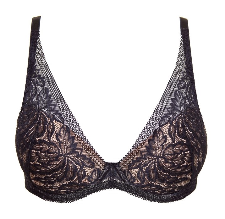 Sujetador Escotado con Push Up Removible y Encaje Floral Amber Negro